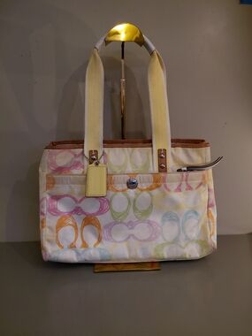 Coach Signature Multi-Color Patterned Tote Bag with Yellow Handles